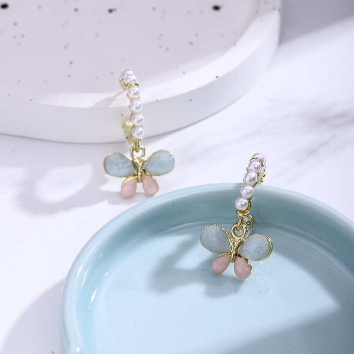 Silver Needle Butterfly Pearl Sweet Earrings Fashion