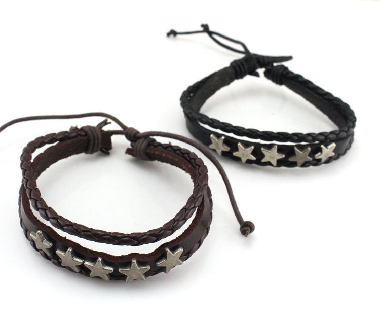 Men's Leather Retro Easy Matching Woven Telescopic Five-pointed Star Bracelet