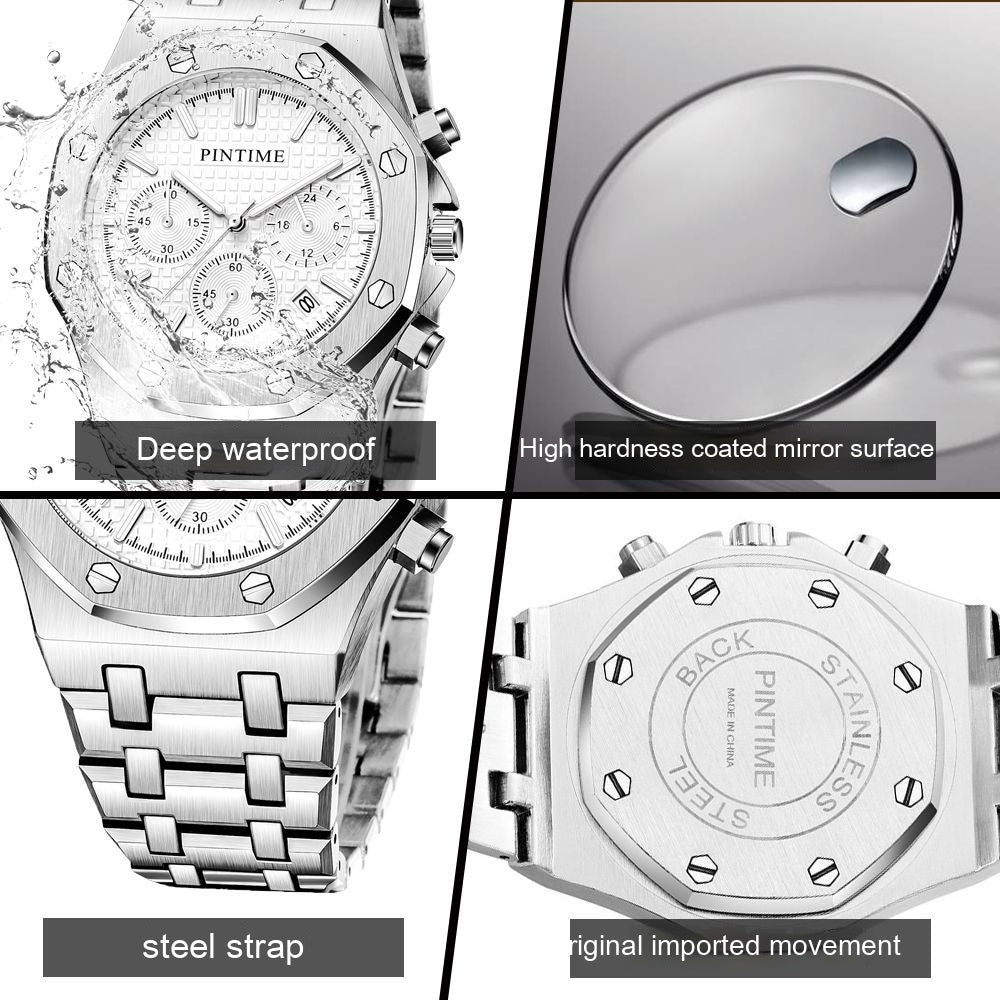 Multifunctionele zes-pins zakelijke casual mode waterdichte kwarts horloge