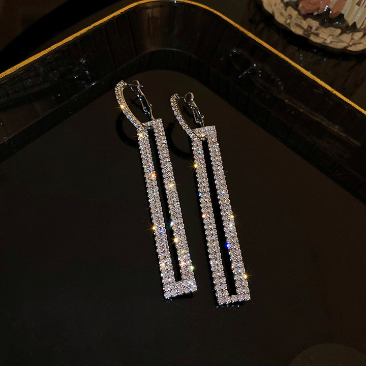 Brincos de retângulo exagerados de moda Silver Post com diamantes