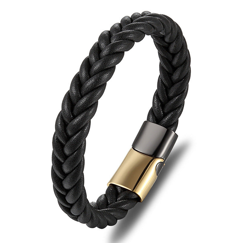 Stainless Steel Titanium Two-tone Buckle Leather Cord Bracelet