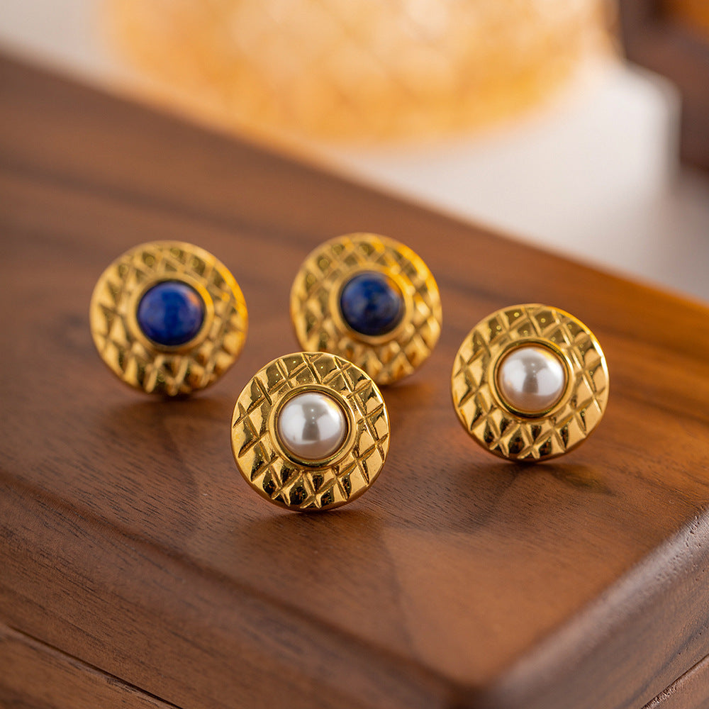 Retro antikk stil personlig minoritet 18K rustfritt stål innlagt Lapis Lazuli Pearl -øreringer