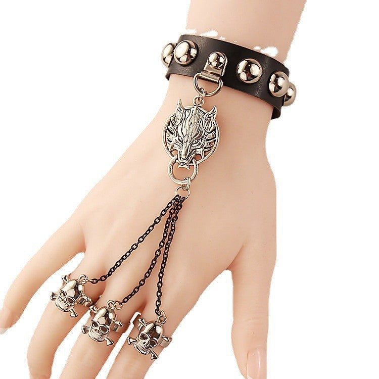 Vintage Gothic Punk Bracelet Wolf Head Skull Bracelet Leather