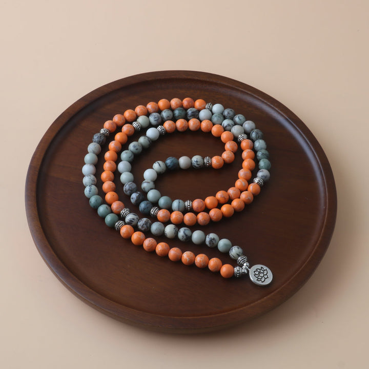 Natural Stone 108 PCs Rosary Bracelet Necklace Lotus Pendant