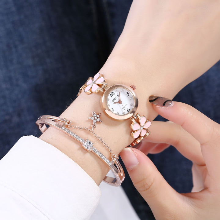 Ladies Petal Patterned Quartz Watch Bracelet Set