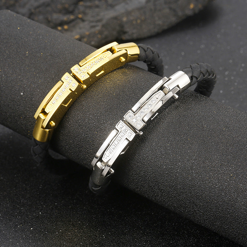 European And American Titanium Steel Personality Men's Weaving Leather Bracelet