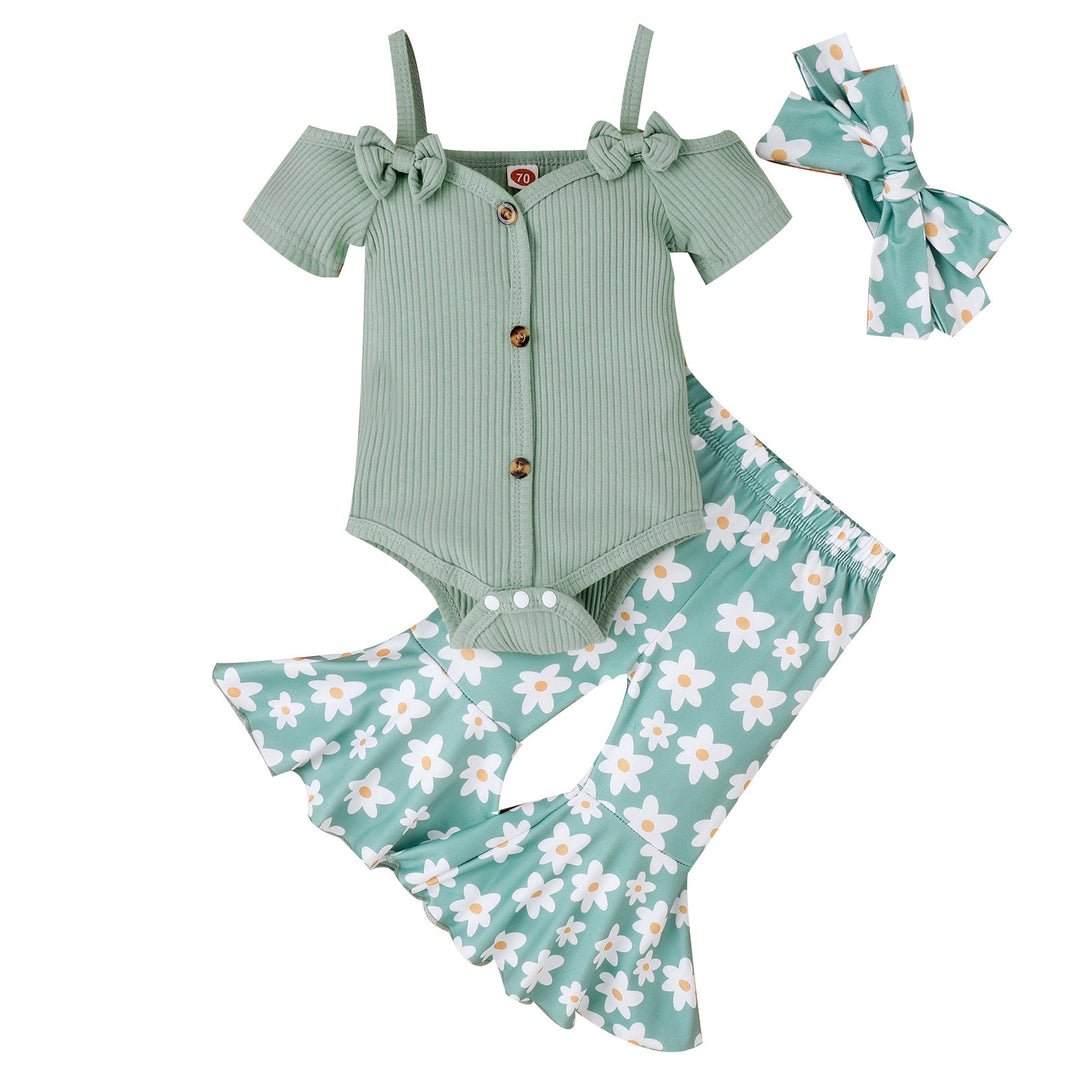 Baby Girl Toddler Summer Bow Suspenders V-Neck Korte mouw onesie geprinte bel-bodembroek