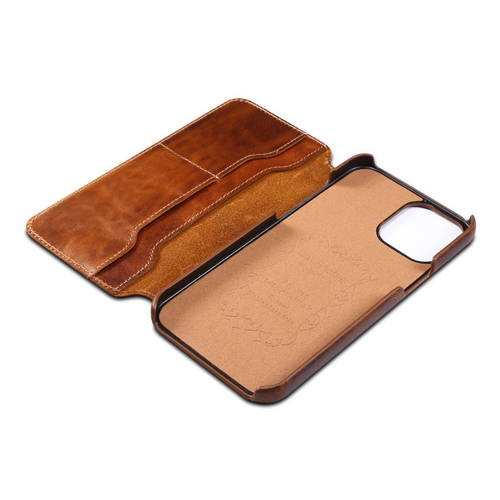 Oil Wax Simple First Layer Leather Phone Case Flip Card