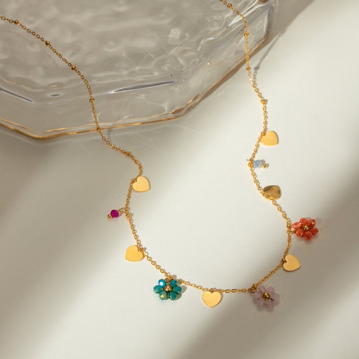 Collier de fleur de perle en verre coloré en acier inoxydable 18 carats