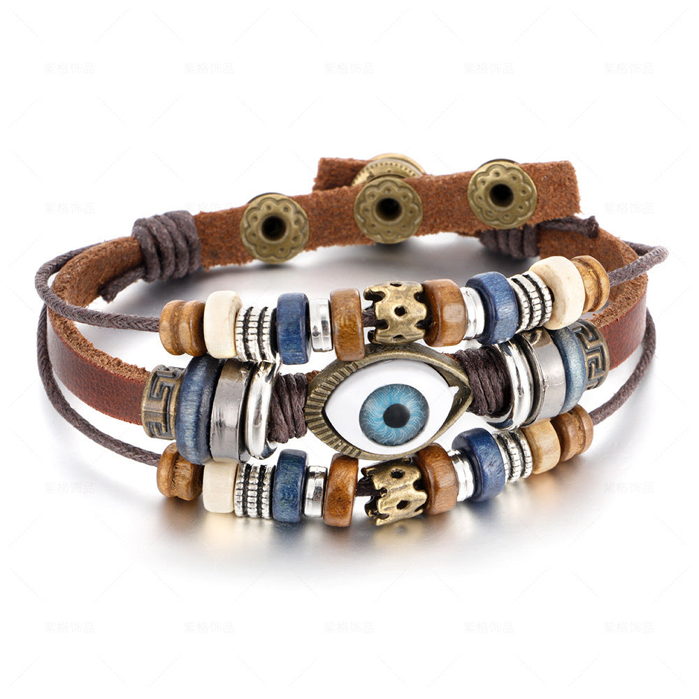 Popular Ethnic Style Multi-layer Cowhide Hand-woven Beads Leather Cord Bracelet Adjustable