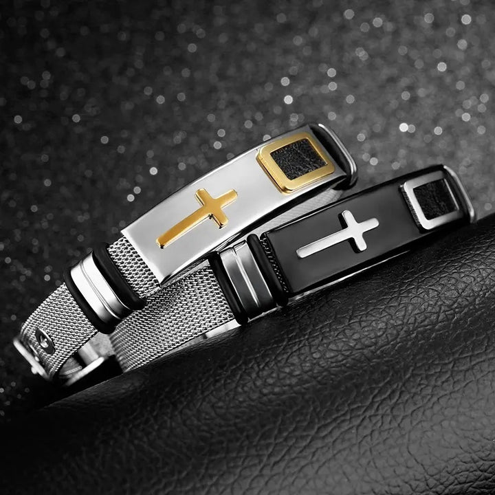 Ein einstellbares Armband für Männer 3D -Kreuz aus Edelstahl -Maschenkette Armbänder Armreifen Armbänder