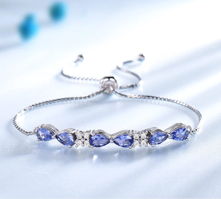 S925 Sterling Silver Blue Sapphire Box Chain Adjustable Bracelet For Women