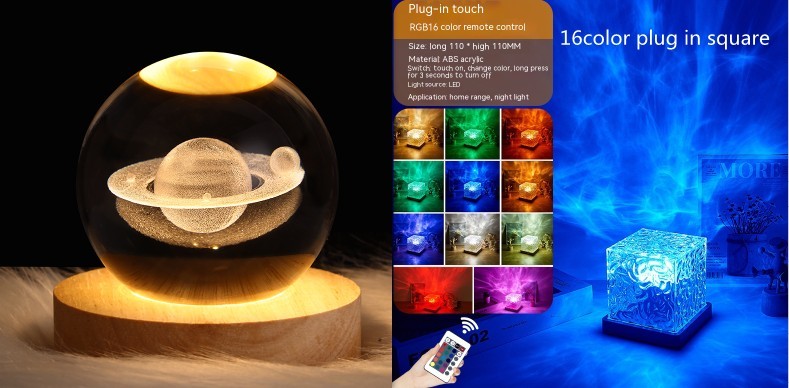 LED -vann Ripple Ambient Night Light USB roterende projeksjon Krystallbordlampe RGB Dimable Home Decoration 16 Fargegaver
