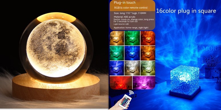 LED Water Ripple Ambient Night Light USB Rotating Projection Crystal Table Lamp RGB Dimble Home Decoration 16 Färggåvor