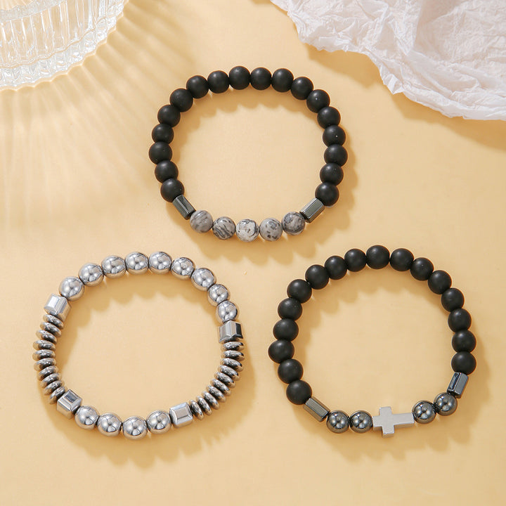 Ensemble de bracelet de croix d'hématite en perles pour hommes