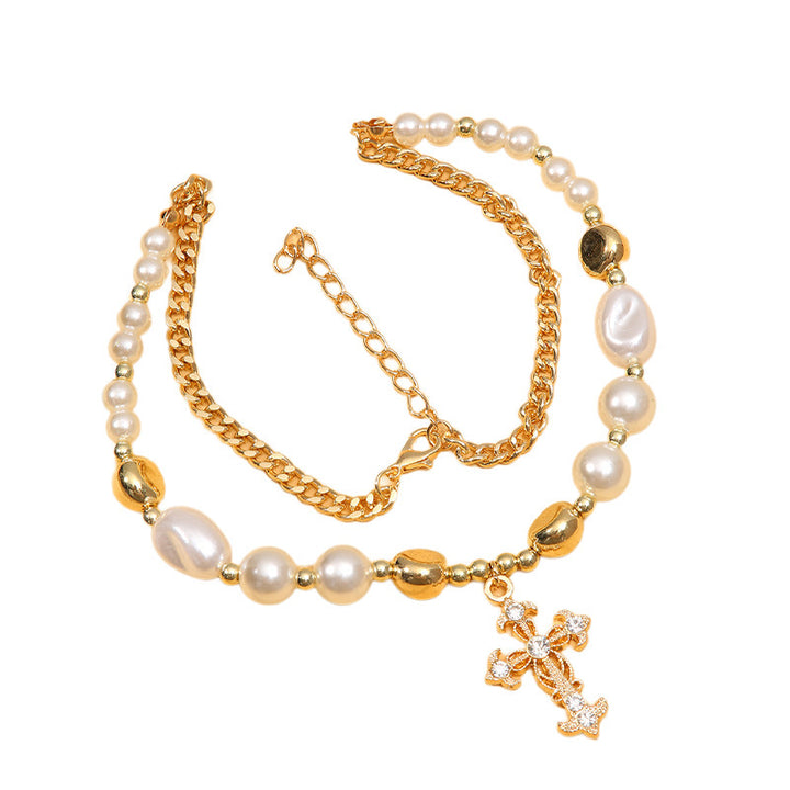 Vintage Cross Necklace Women's All-Match Short Pearl Necklace