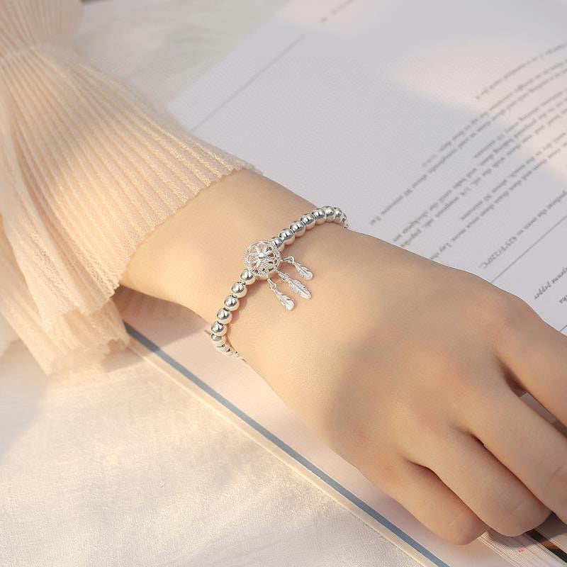 Pure Silver Glossy Lucky Beads Dreamcatcher Bracelet