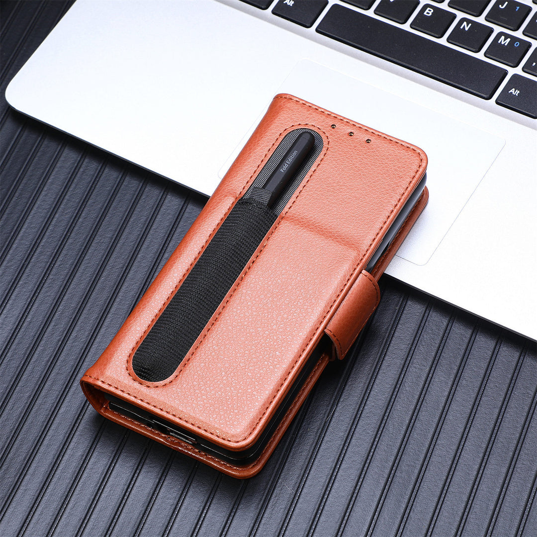 Leather Business Solid Color Pen Slot Pen Phone Case
