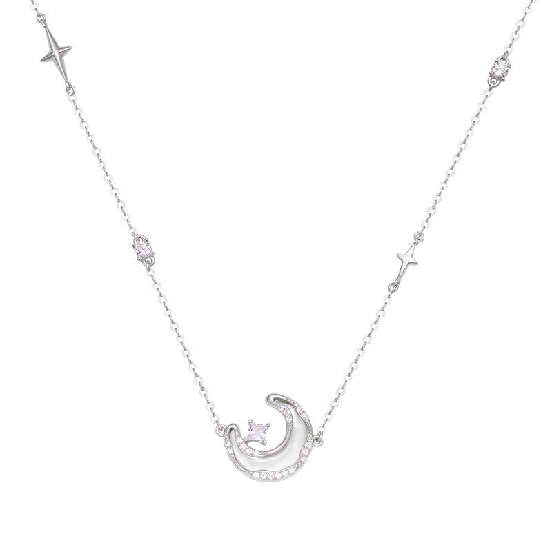 Star and Moon Necklace Women's Special-Interest Design Diamond White Shell