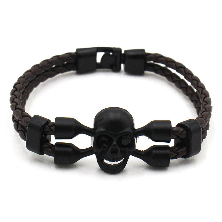 Botones negros de calavera neutral para hombres pulsera de cuero