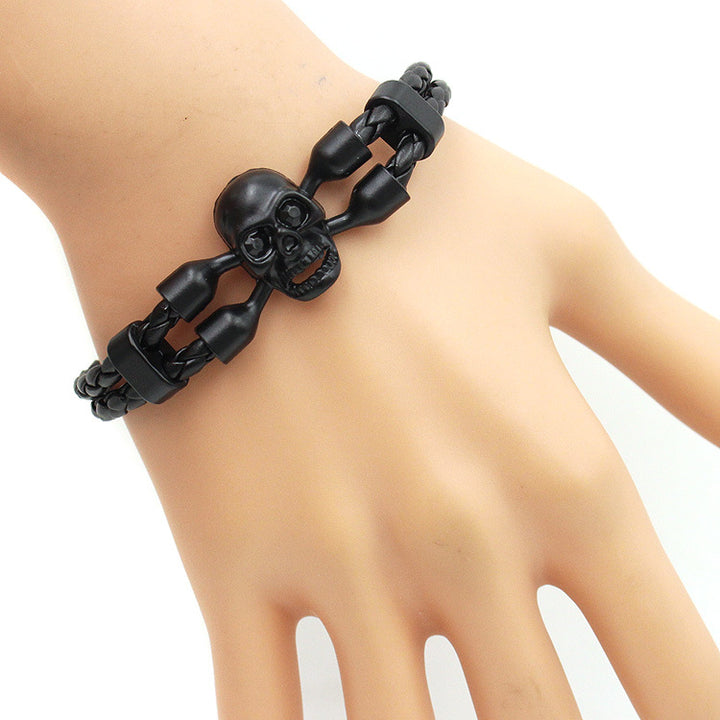 Botones negros de calavera neutral para hombres pulsera de cuero