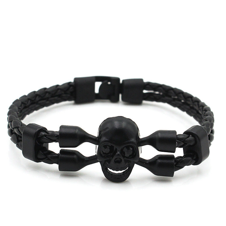 Botones negros de calavera neutral para hombres pulsera de cuero