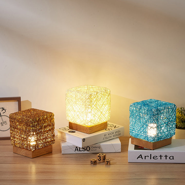 Hand-Knit Dimmable Square LED Desk Lights Wood Rattan Twine USB Charging Table Lamp Girls Bedroom Gift Home Decor Night Lighting