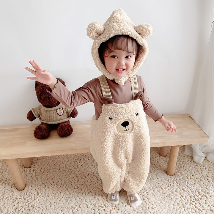Baby jumpsuit høst og vinter pluss fløyel babyklær bjørn bukseseler