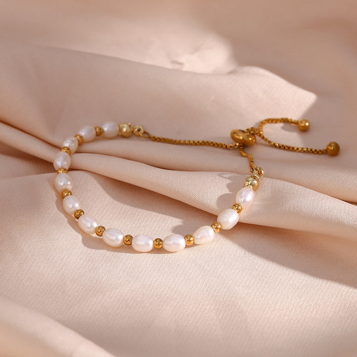 Stainless Steel Plated 18k Freshwater Pearl Spacer Beads Drawstring Bracelet