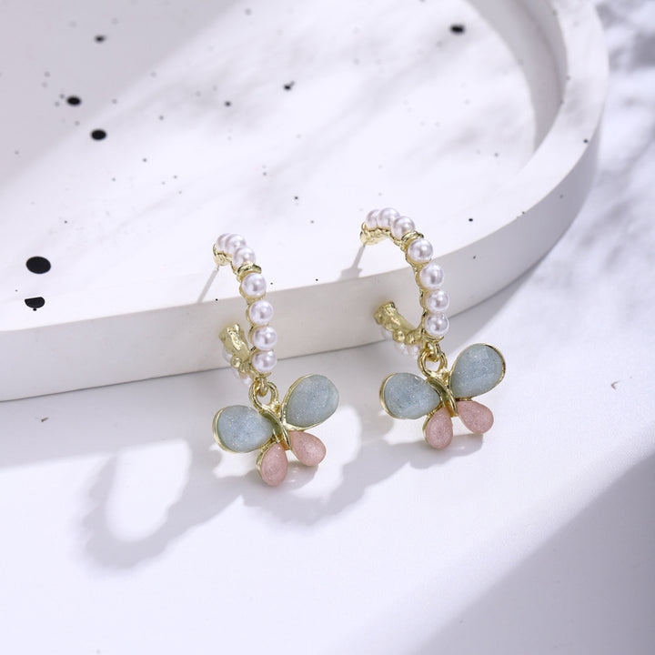 Silbernadel Schmetterling Perlen süße Ohrringe Mode
