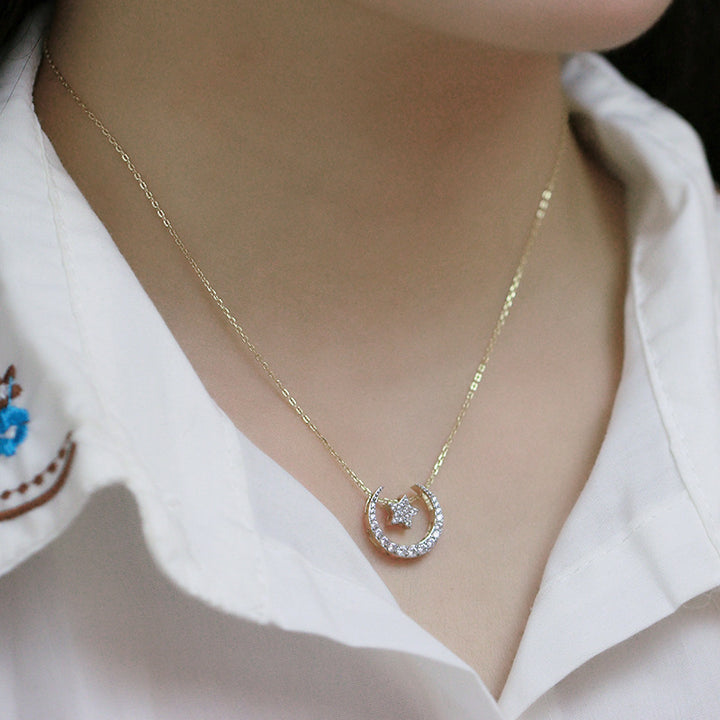 女性のスターリングシルバー2色の五角ムーンフルダイヤモンドネックレス