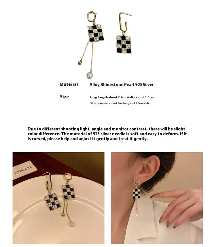 Asymmetric Drop Oil Plaid Earrings Sterling Silver Needle