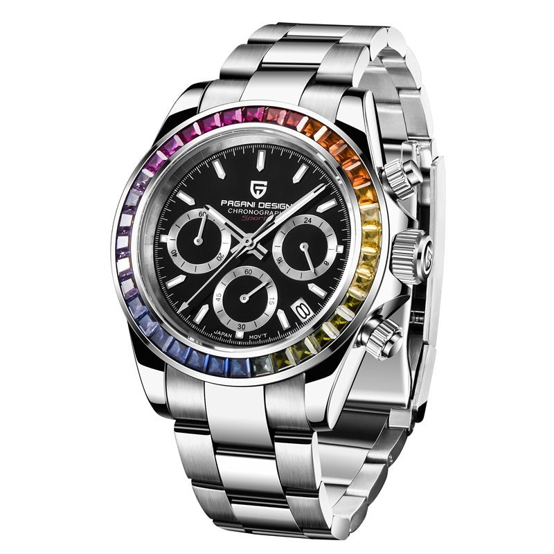 Men's Multifunctional Stainless Steel Colorful Crystals Waterproof Quartz Watch