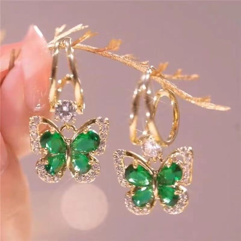French Retro Green Zirconium Butterfly Earrings For Women