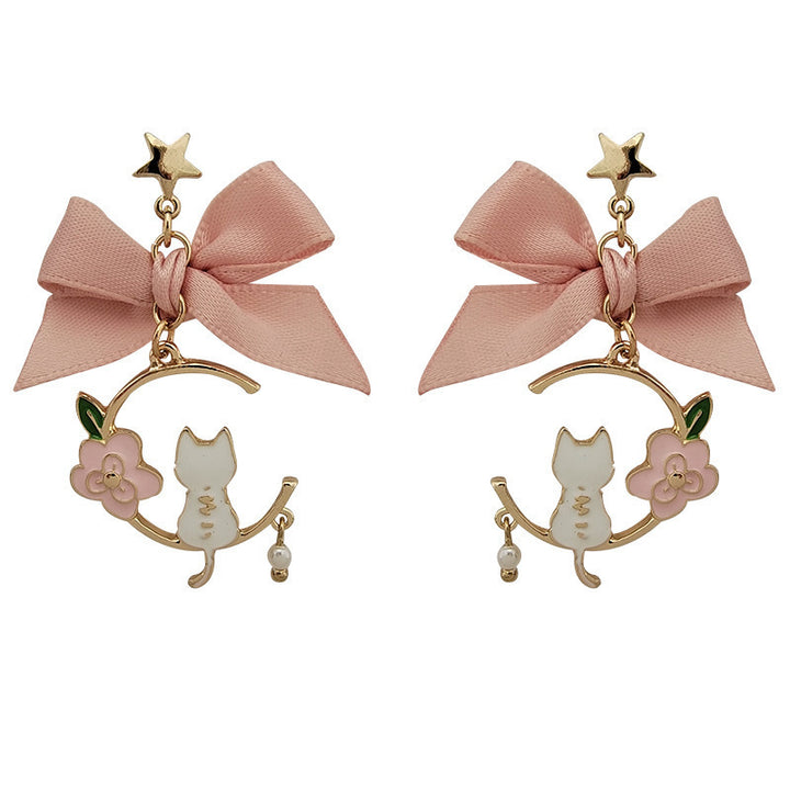 Creative Bowknot Drop Oil Imitation Pearl Star Flower Kitten Earrings