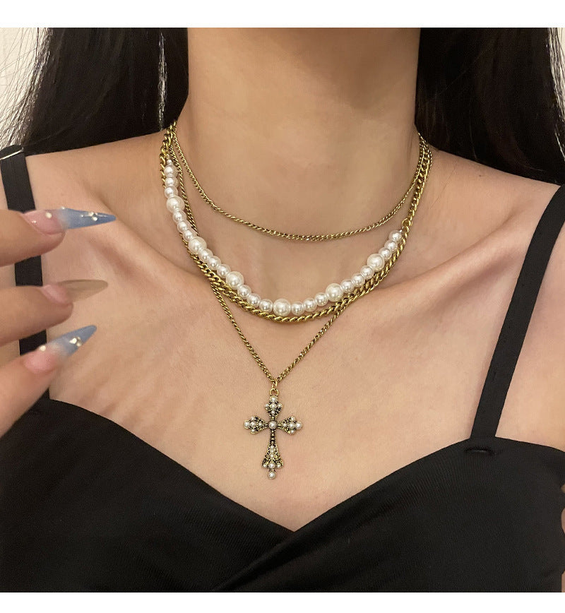 Fashion Personalized Multi-Layered Pearl Cross Pendant Necklace Clavicle Chain For Women Temperament Jewelry Accessories Gifts