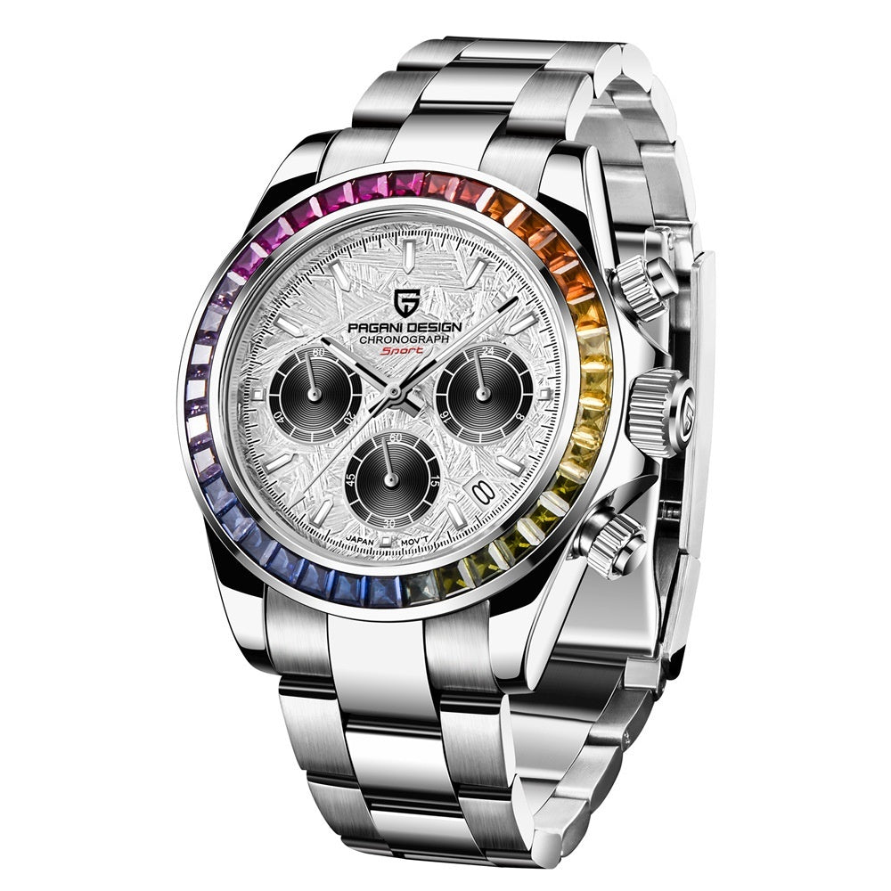 Men's Multifunctional Stainless Steel Colorful Crystals Waterproof Quartz Watch