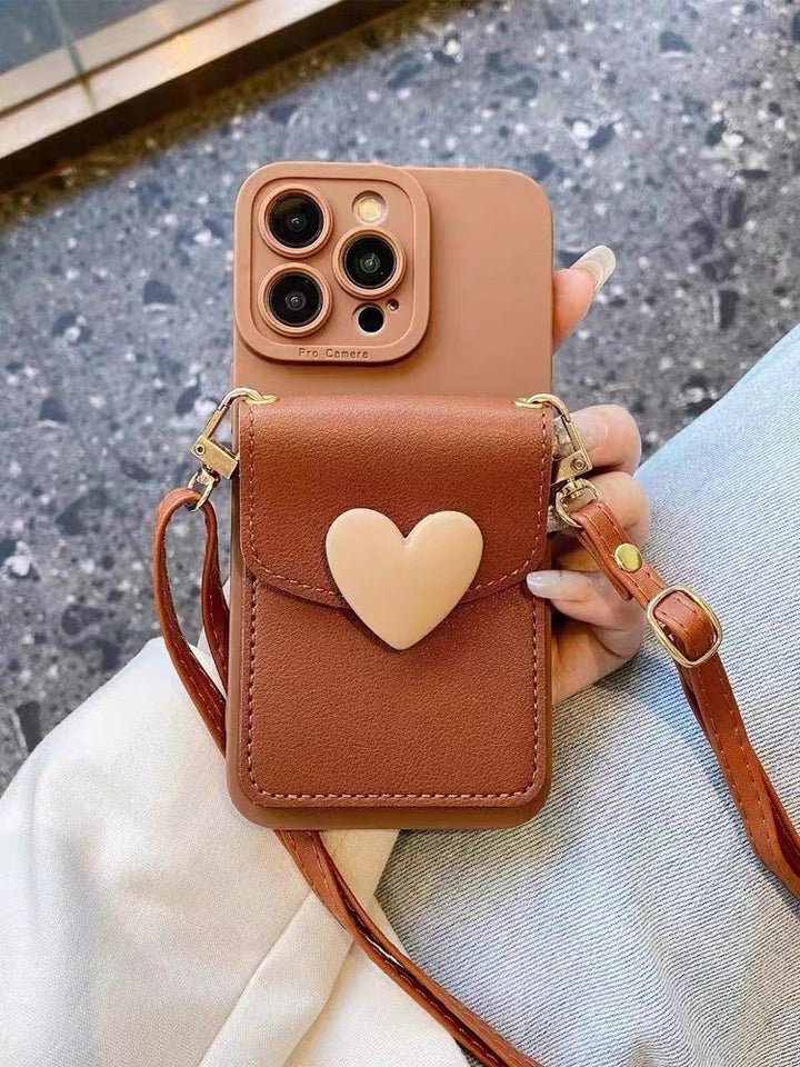 Brown Heart Card Holder Skórzowa okładka telefonu ukośna