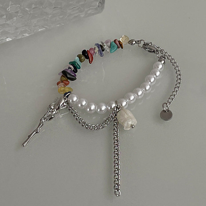 Bracelet de perle de rose de couture de gravier colorée