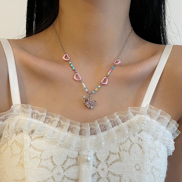 Colorful Beaded Stitching Heart Necklace