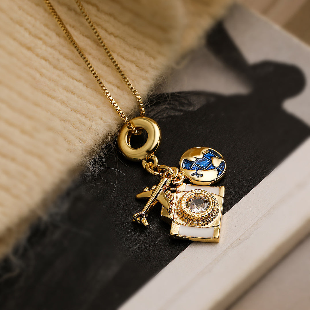 Creative Copper Gold Plated Zircon Camera Pass Pendant Necklace