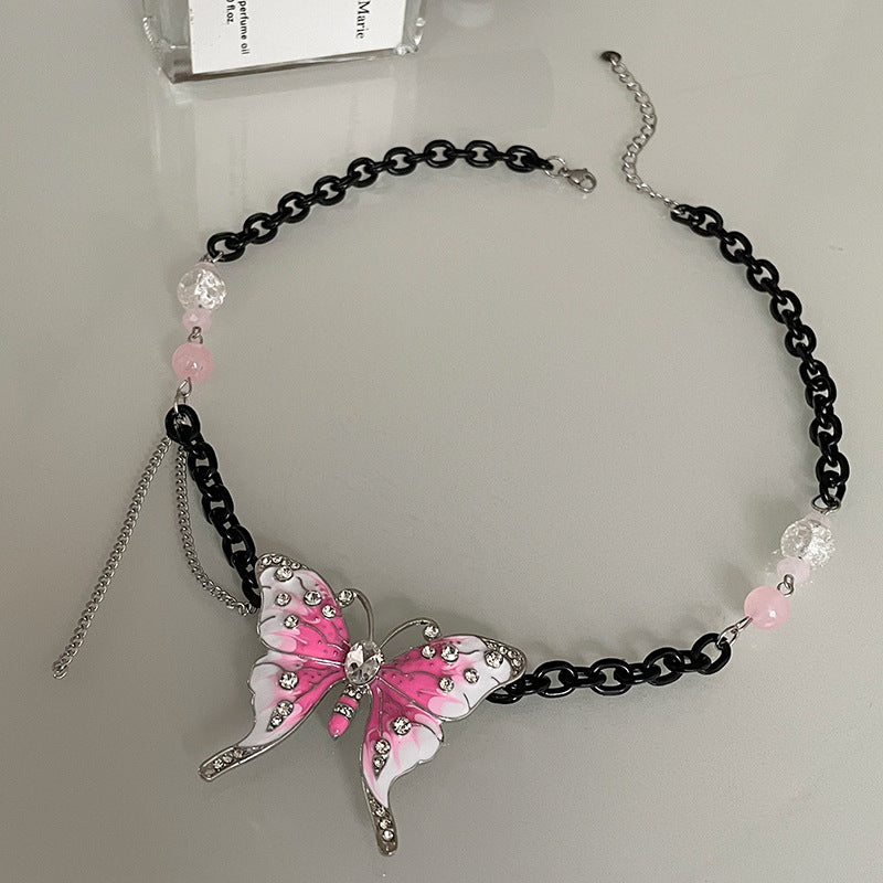 European And American Exaggerated Pink Butterfly Black Chain Necklace