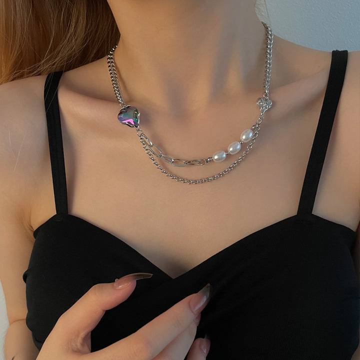 Colorful Crystals Heart-shaped Multi-part Pearl Necklace
