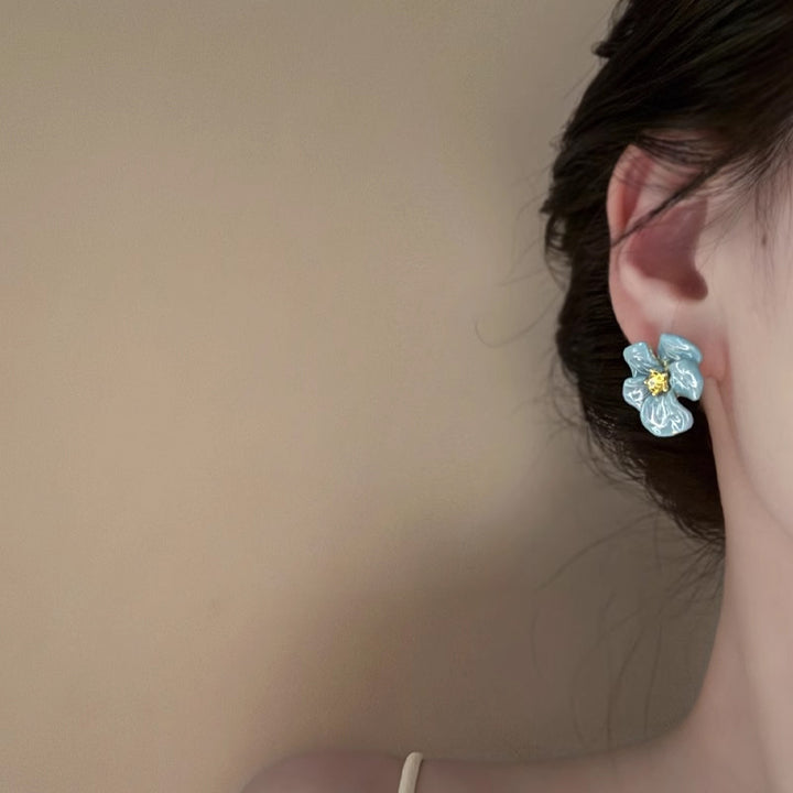 Retro Drip Glazed Flower Yellow Diamond Ear Studs Niche