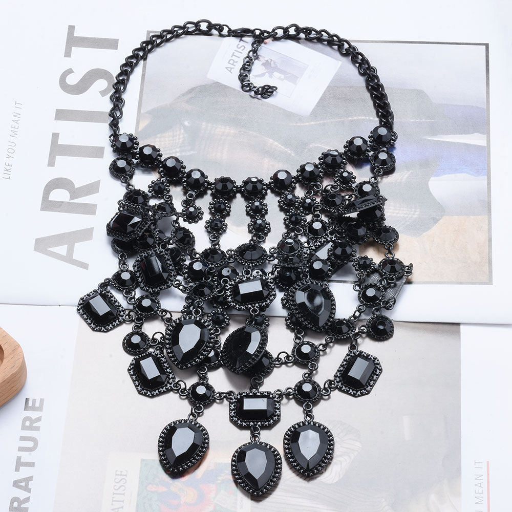 Creative Exaggerating Retro Multi-layer Style Alloy Inlaid Jewel Necklace