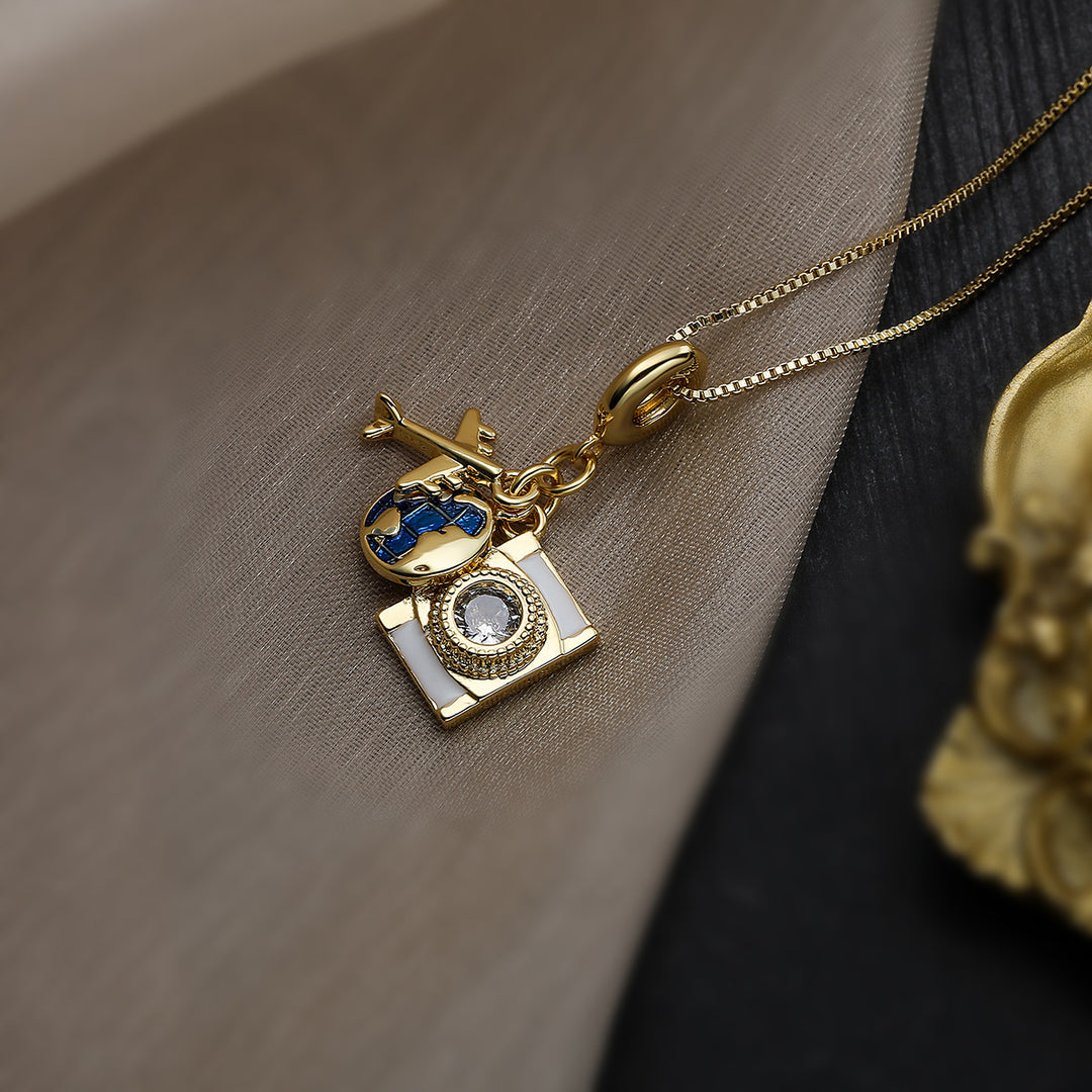 Creative Copper Gold Plated Zircon Camera Passport Pendant Necklace
