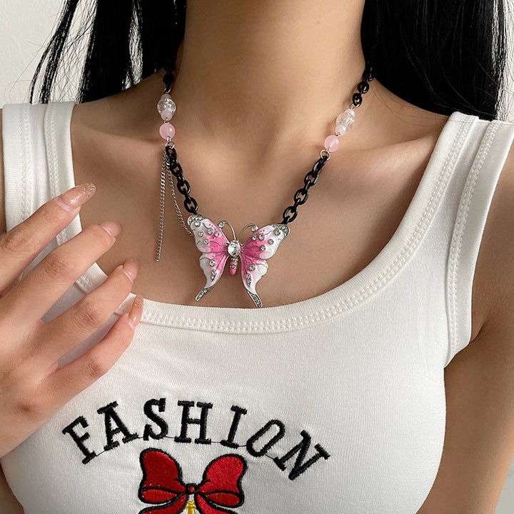 Europäische und amerikanische übertriebene rosa Schmetterlingsschwarzkette Halskette