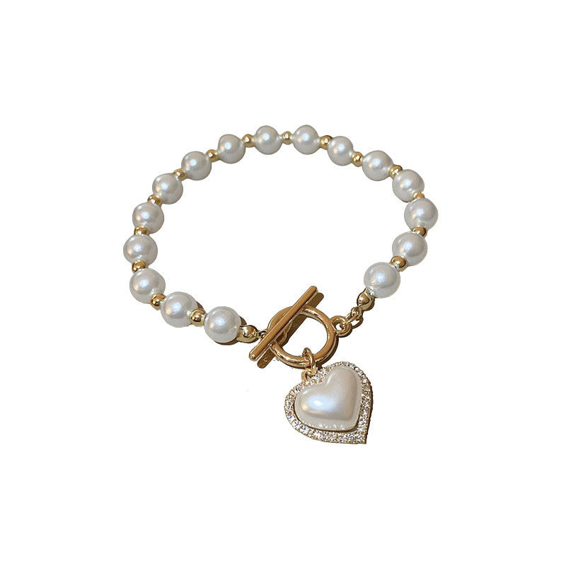 Diamond OT Buckle Pearl Heart Bracelet