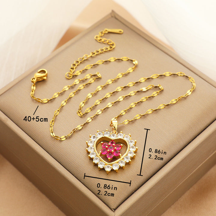 Design liebevolles Herz Zirkon Blume Titanstahl Halskette für Frauen