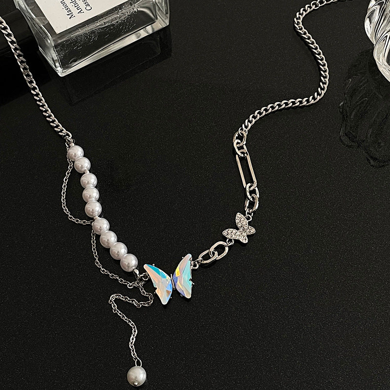 Colorful Diamond Butterfly Stitching Pearl Tassel Necklace